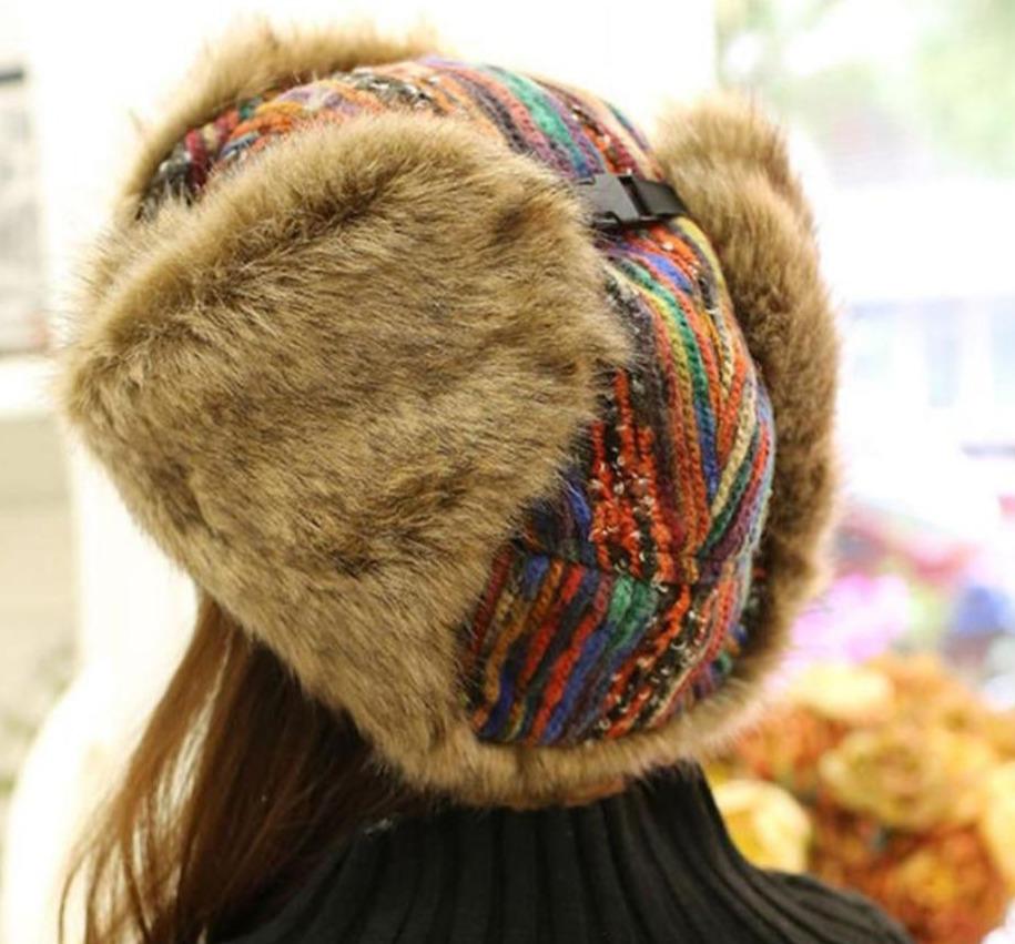 Thick Warm Multicolored Fur Bomber Hat with Earflaps-Hats-Innovato Design-Innovato Design
