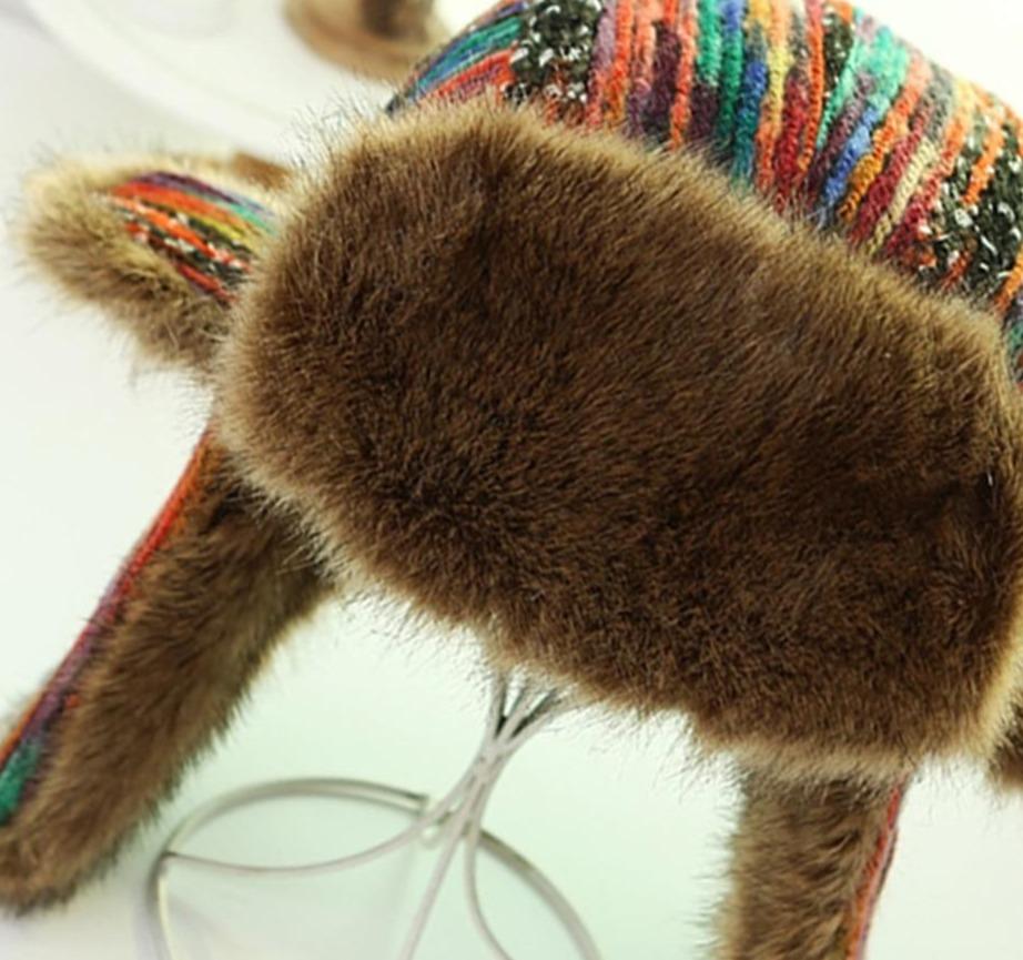 Thick Warm Multicolored Fur Bomber Hat with Earflaps-Hats-Innovato Design-Innovato Design