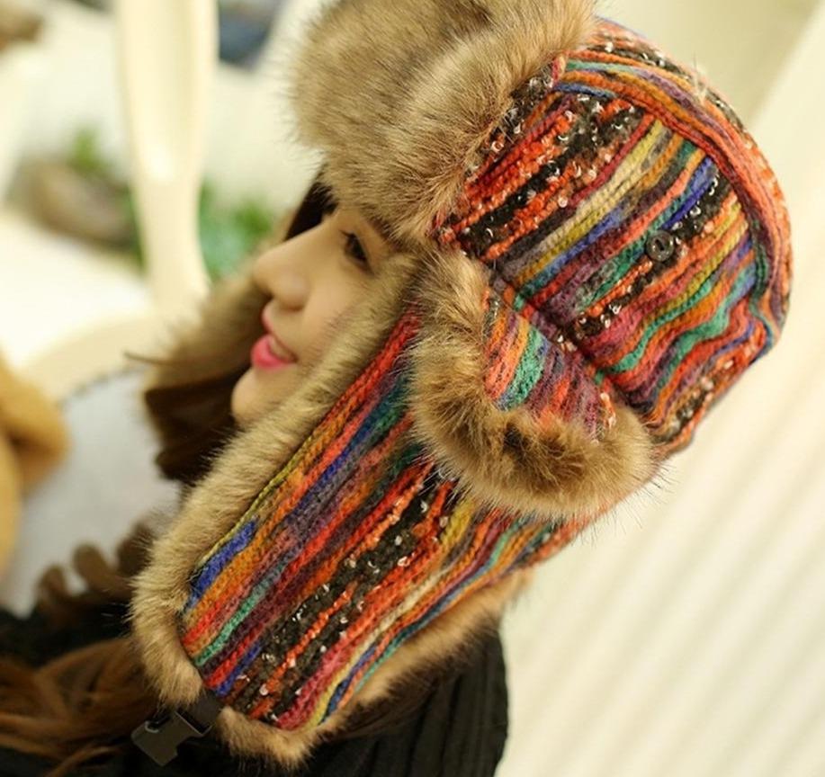 Thick Warm Multicolored Fur Bomber Hat with Earflaps-Hats-Innovato Design-Innovato Design