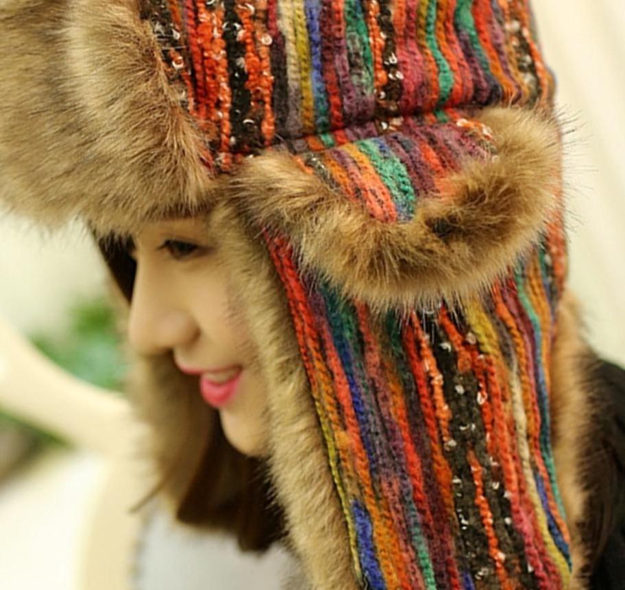 Thick Warm Multicolored Fur Bomber Hat with Earflaps-Hats-Innovato Design-Innovato Design