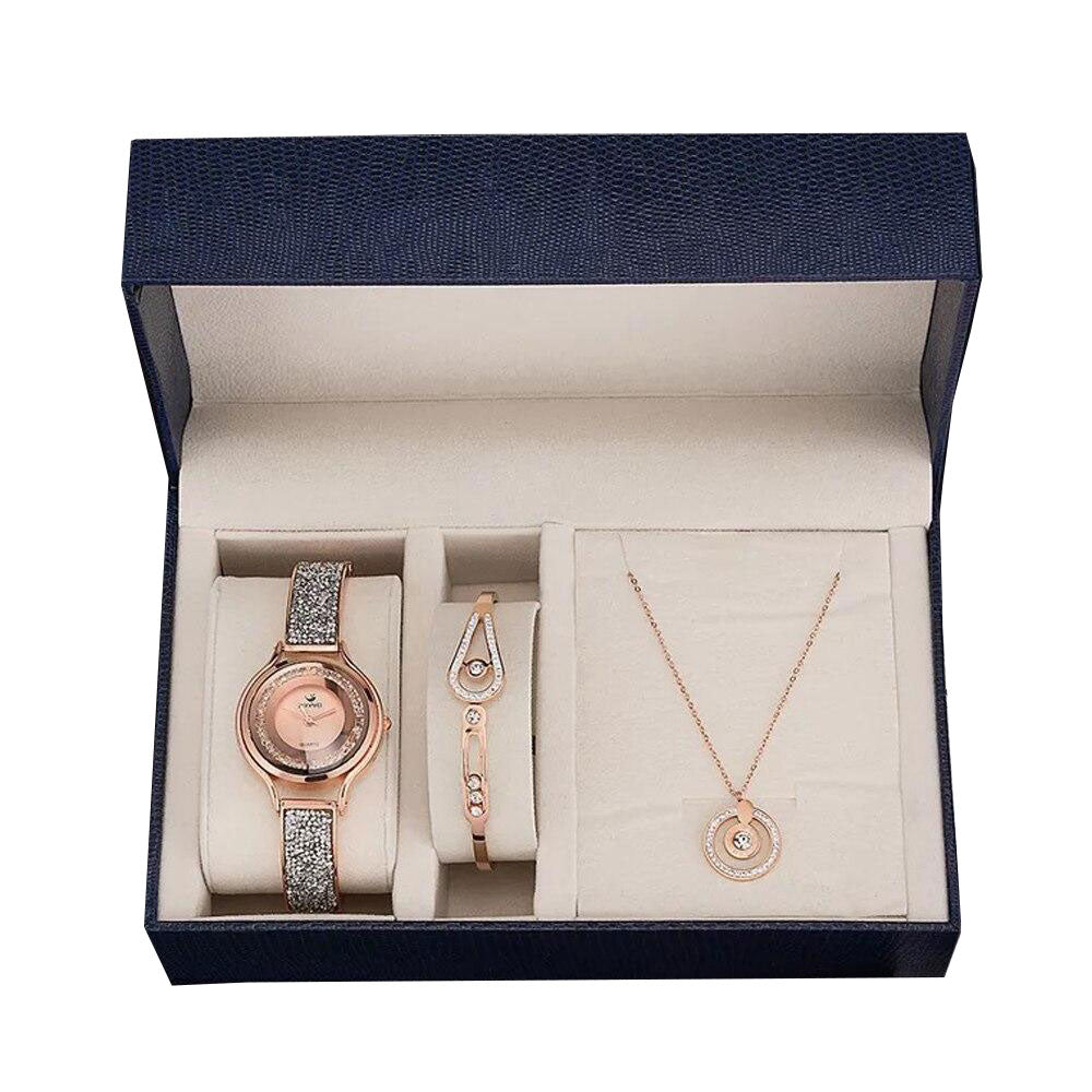 Women Diamond Sand Watch and Crystal Bracelet & Necklace Jewelry Set-Jewelry Sets-Innovato Design-Gold-Innovato Design
