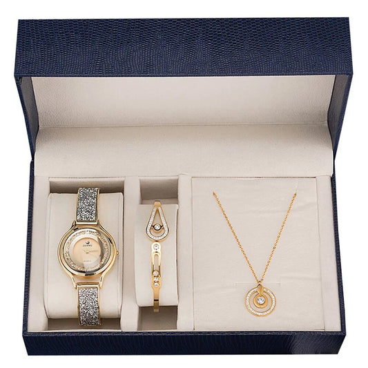 Women Diamond Sand Watch and Crystal Bracelet & Necklace Jewelry Set-Jewelry Sets-Innovato Design-Gold-Innovato Design