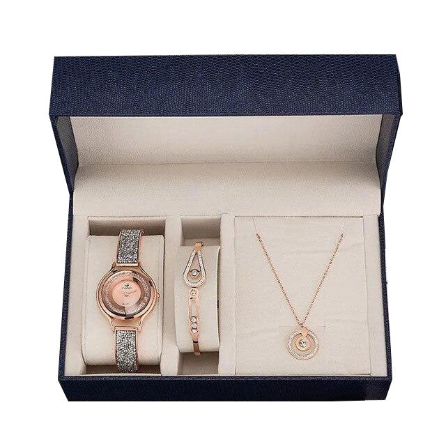 Women Diamond Sand Watch and Crystal Bracelet & Necklace Jewelry Set-Jewelry Sets-Innovato Design-Rose Gold-Innovato Design