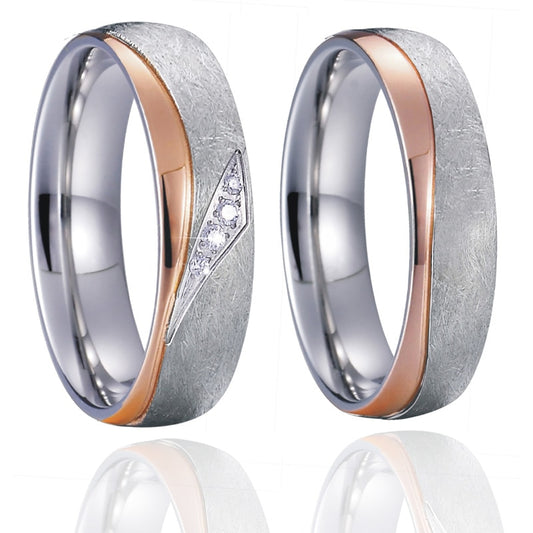 Brushed Silver and Polished Rose Gold Cubic Zirconia Stainless Steel Wedding Ring Set-Couple Rings-Innovato Design-7-5-Innovato Design