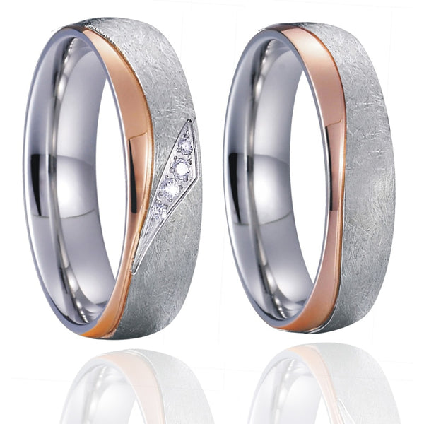 Brushed Silver and Polished Rose Gold Cubic Zirconia Stainless Steel Wedding Ring Set-Couple Rings-Innovato Design-7-5-Innovato Design