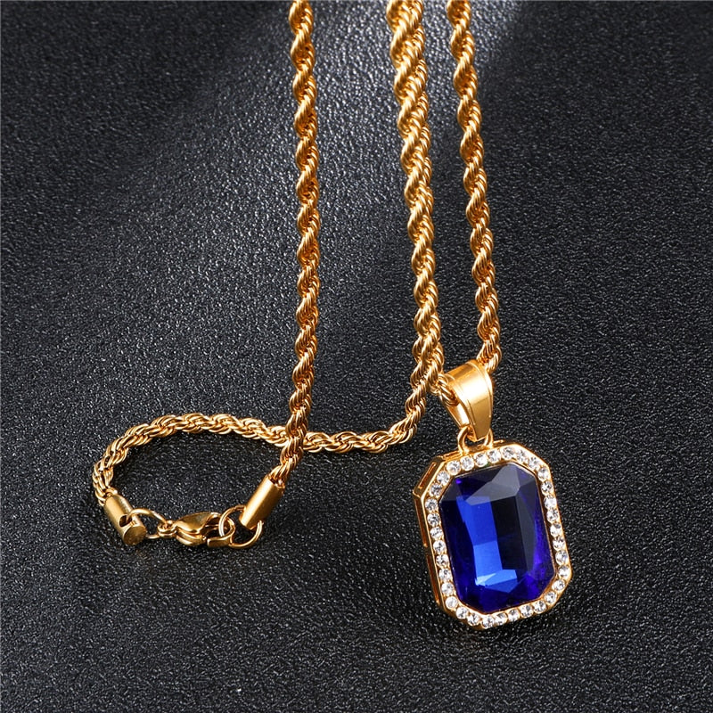 Rhinestone and Crystal Square Gold-Plated Stainless Steel Hip-hop Pendant Necklace-Necklaces-Innovato Design-Blue-Innovato Design