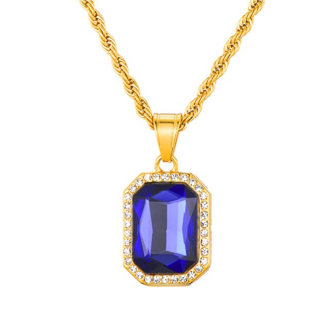 Rhinestone and Crystal Square Gold-Plated Stainless Steel Hip-hop Pendant Necklace-Necklaces-Innovato Design-Blue-Innovato Design