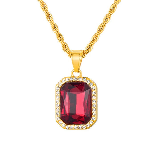 Rhinestone and Crystal Square Gold-Plated Stainless Steel Hip-hop Pendant Necklace-Necklaces-Innovato Design-Red-Innovato Design