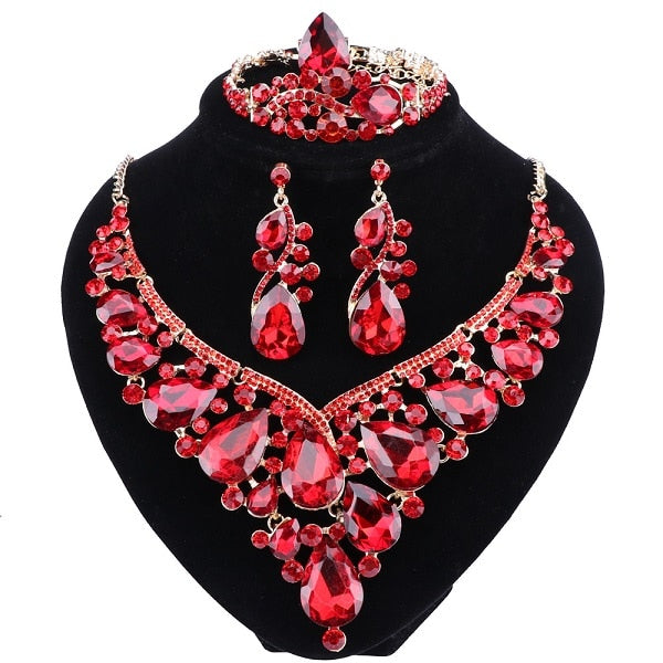 Crystal Necklace, Bracelet, Earrings & Ring Wedding Statement Jewelry Set-Jewelry Sets-Innovato Design-Red-Innovato Design