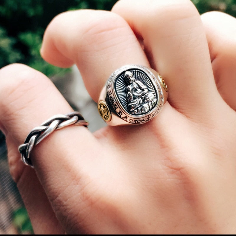 Buddha Chinese Zodiac Signet 925 Sterling Silver Adjustable Vintage Biker Ring-Rings-Innovato Design-Innovato Design