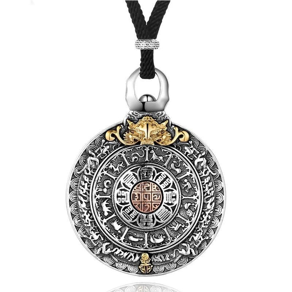 Round Chinese Zodiac Signs 925 Sterling Silver Vintage Pendant Necklace-Gothic Necklaces-Innovato Design-Adjustable Black Rope-Innovato Design