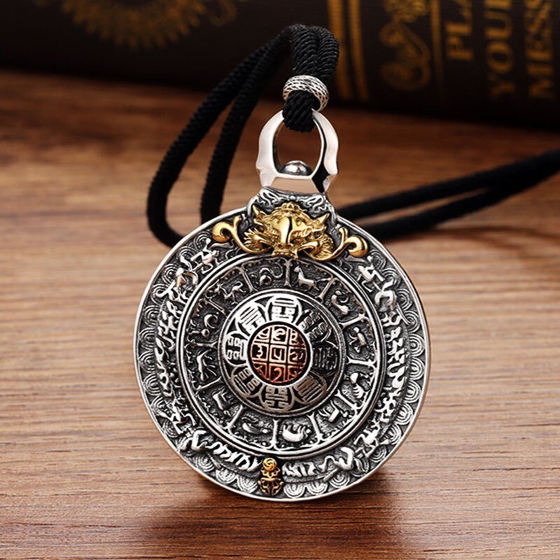 Round Chinese Zodiac Signs 925 Sterling Silver Vintage Pendant Necklace-Gothic Necklaces-Innovato Design-Adjustable Black Rope-Innovato Design
