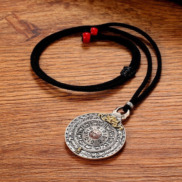 Round Chinese Zodiac Signs 925 Sterling Silver Vintage Pendant Necklace-Gothic Necklaces-Innovato Design-Adjustable Black Rope-Innovato Design