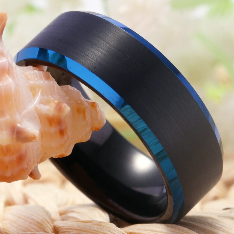 8mm Classic Black Matte and Blue Beveled Tungsten Wedding Band-Rings-Innovato Design-6-Innovato Design