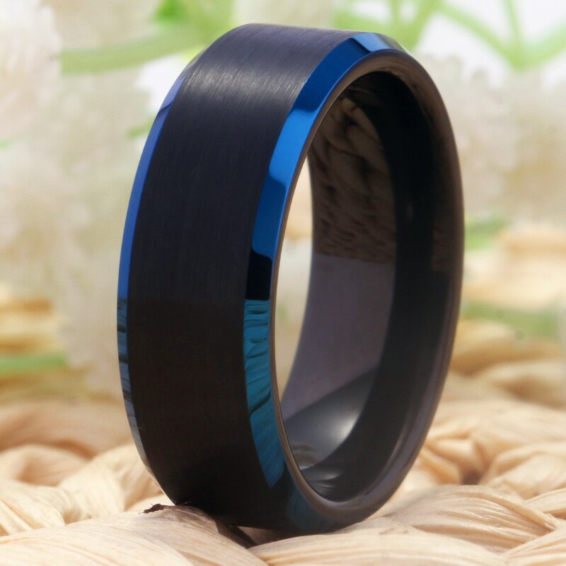 8mm Classic Black Matte and Blue Beveled Tungsten Wedding Band-Rings-Innovato Design-6-Innovato Design