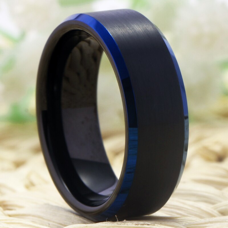 8mm Classic Black Matte and Blue Beveled Tungsten Wedding Band-Rings-Innovato Design-6-Innovato Design