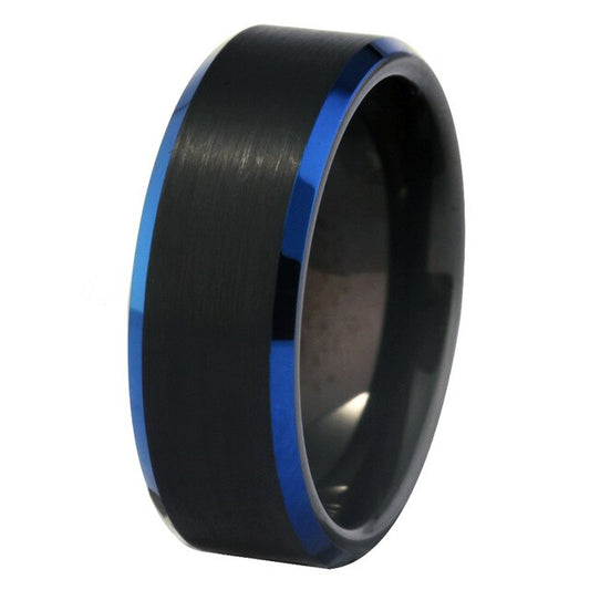 8mm Classic Black Matte and Blue Beveled Tungsten Wedding Band-Rings-Innovato Design-6-Innovato Design