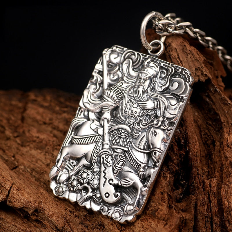 Wu Cai Shen Guan Gong Chinese Buddha 999 Genuine Silver Vintage Pendant Necklace-Necklaces-Innovato Design-19.69in-Innovato Design