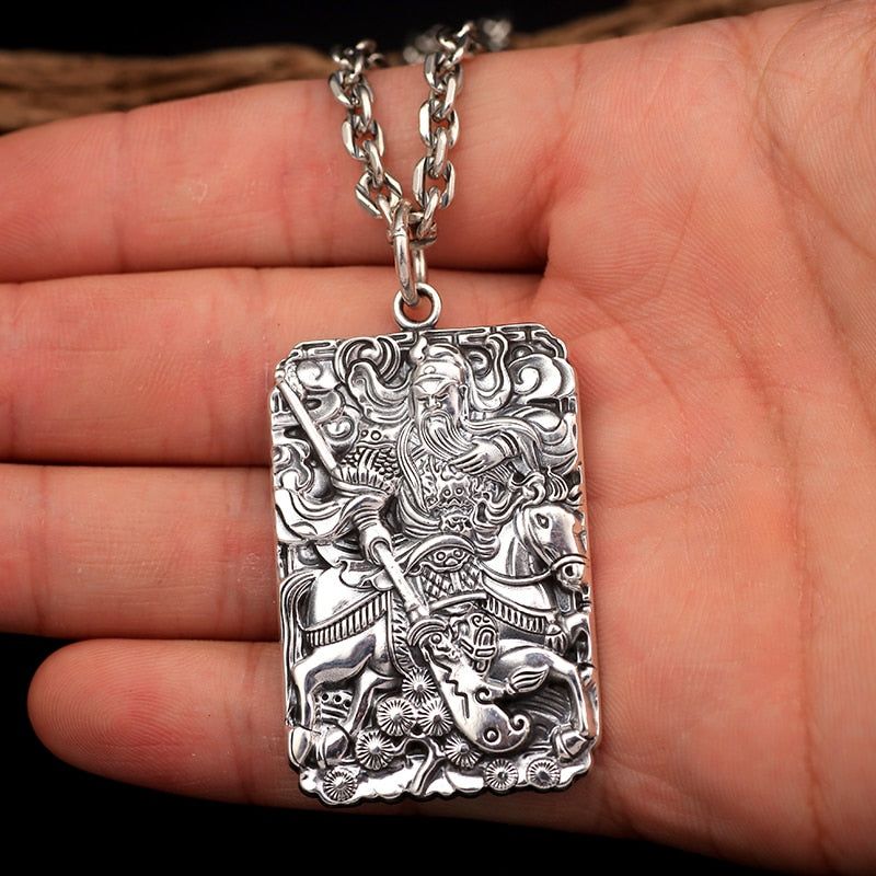 Wu Cai Shen Guan Gong Chinese Buddha 999 Genuine Silver Vintage Pendant Necklace-Necklaces-Innovato Design-19.69in-Innovato Design