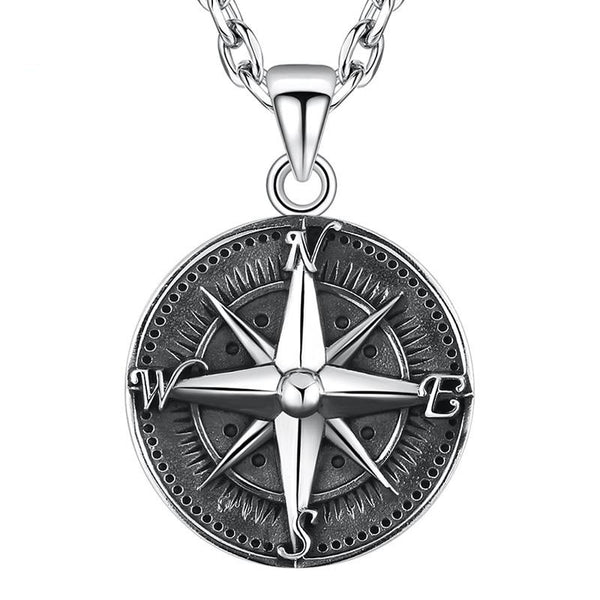 High Polished Round Compass 925 Sterling Silver Vintage Punk Rock Pendant-Gothic Necklaces-Innovato Design-25.59in-Innovato Design
