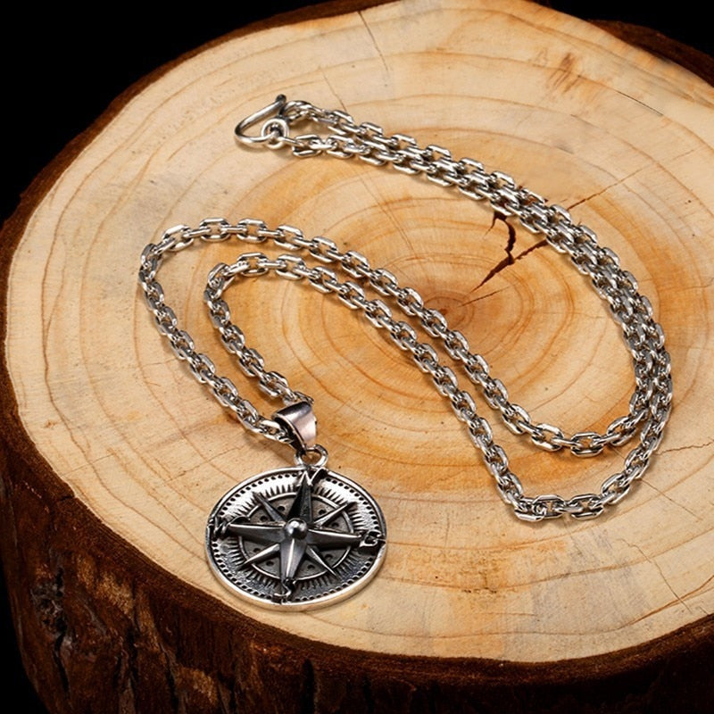 High Polished Round Compass 925 Sterling Silver Vintage Punk Rock Pendant-Gothic Necklaces-Innovato Design-19.69in-Innovato Design
