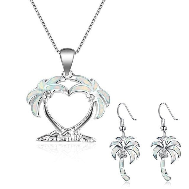 Sunny Beach Coconut Tree Fire Opal Necklace & Earrings Trendy Fashion Jewelry Set-Jewelry Sets-Innovato Design-White-Innovato Design
