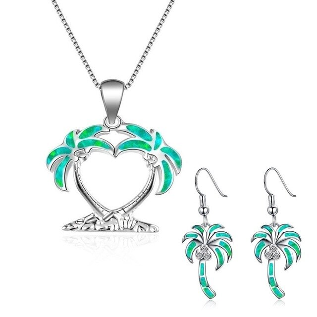 Sunny Beach Coconut Tree Fire Opal Necklace & Earrings Trendy Fashion Jewelry Set-Jewelry Sets-Innovato Design-Green-Innovato Design