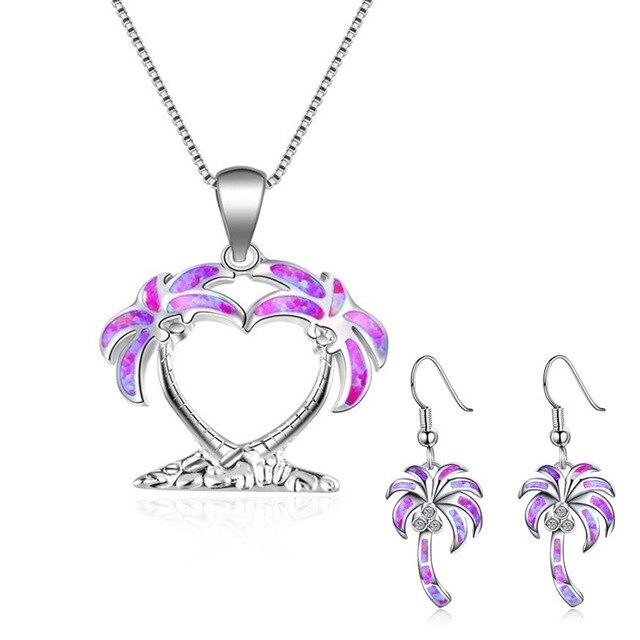 Sunny Beach Coconut Tree Fire Opal Necklace & Earrings Trendy Fashion Jewelry Set-Jewelry Sets-Innovato Design-Purple-Innovato Design