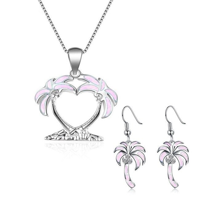 Sunny Beach Coconut Tree Fire Opal Necklace & Earrings Trendy Fashion Jewelry Set-Jewelry Sets-Innovato Design-Pink-Innovato Design