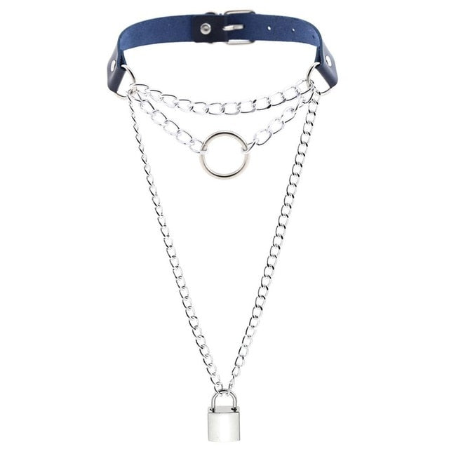 Multilayered Chain Links, Metal Ring, and Lock Pendant Collar Choker Leather Gothic Hip-Hop Necklace-Necklace-Innovato Design-Dark Blue-Innovato Design