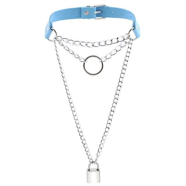 Multilayered Chain Links, Metal Ring, and Lock Pendant Collar Choker Leather Gothic Hip-Hop Necklace-Necklace-Innovato Design-Light Blue-Innovato Design