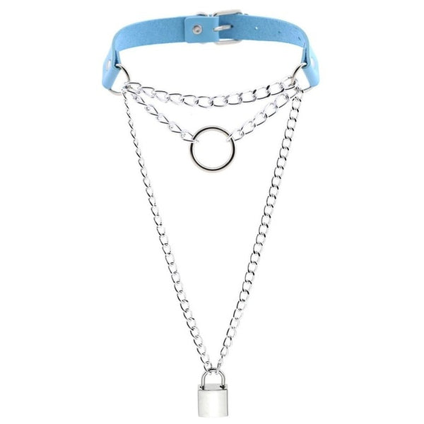 Multilayered Chain Links, Metal Ring, and Lock Pendant Collar Choker Leather Gothic Hip-Hop Necklace-Necklace-Innovato Design-Light Blue-Innovato Design
