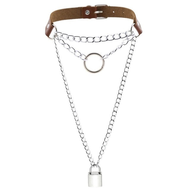 Multilayered Chain Links, Metal Ring, and Lock Pendant Collar Choker Leather Gothic Hip-Hop Necklace-Necklace-Innovato Design-Brown-Innovato Design