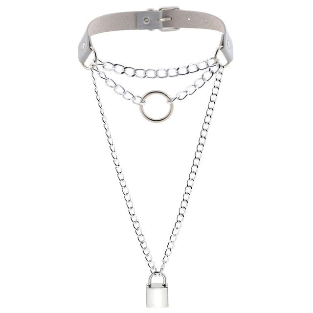 Multilayered Chain Links, Metal Ring, and Lock Pendant Collar Choker Leather Gothic Hip-Hop Necklace-Necklace-Innovato Design-Gray-Innovato Design
