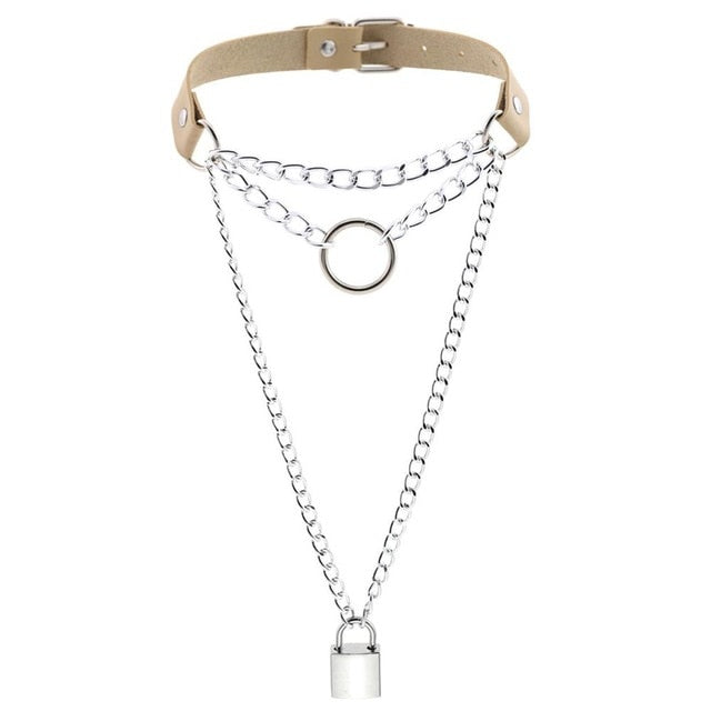 Multilayered Chain Links, Metal Ring, and Lock Pendant Collar Choker Leather Gothic Hip-Hop Necklace-Necklace-Innovato Design-Khaiki-Innovato Design