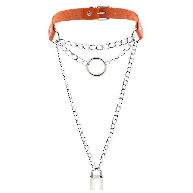 Multilayered Chain Links, Metal Ring, and Lock Pendant Collar Choker Leather Gothic Hip-Hop Necklace-Necklace-Innovato Design-Orange-Innovato Design