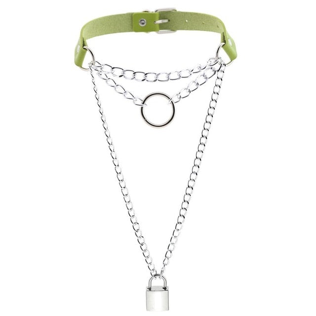Multilayered Chain Links, Metal Ring, and Lock Pendant Collar Choker Leather Gothic Hip-Hop Necklace-Necklace-Innovato Design-Green-Innovato Design