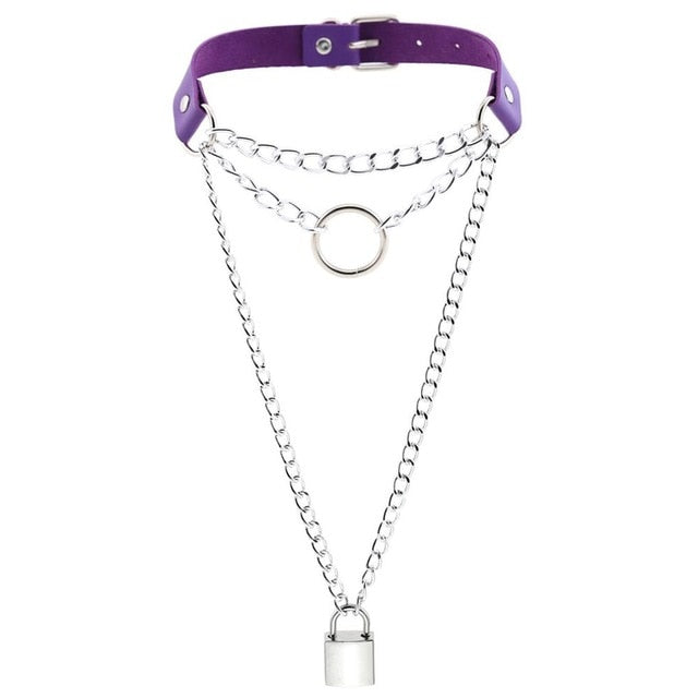 Multilayered Chain Links, Metal Ring, and Lock Pendant Collar Choker Leather Gothic Hip-Hop Necklace-Necklace-Innovato Design-Purple-Innovato Design