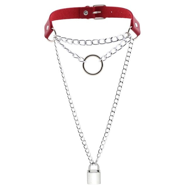 Multilayered Chain Links, Metal Ring, and Lock Pendant Collar Choker Leather Gothic Hip-Hop Necklace-Necklace-Innovato Design-Red-Innovato Design
