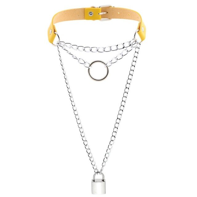Multilayered Chain Links, Metal Ring, and Lock Pendant Collar Choker Leather Gothic Hip-Hop Necklace-Necklace-Innovato Design-Yellow-Innovato Design
