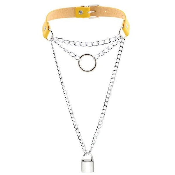 Multilayered Chain Links, Metal Ring, and Lock Pendant Collar Choker Leather Gothic Hip-Hop Necklace-Necklace-Innovato Design-Yellow-Innovato Design