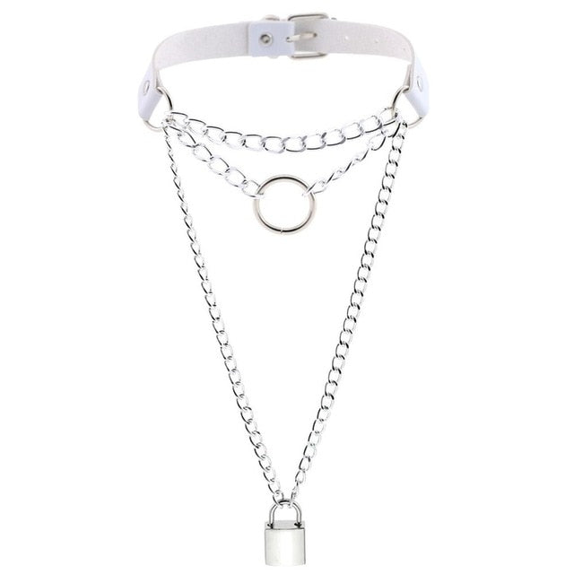 Multilayered Chain Links, Metal Ring, and Lock Pendant Collar Choker Leather Gothic Hip-Hop Necklace-Necklace-Innovato Design-White-Innovato Design