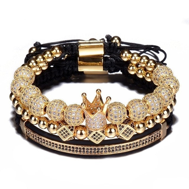 3-Piece Crown, 8mm Micro Pave Cubic Zirconia Ball and Beads Hip-Hop Charm Bracelet-Bracelets-Innovato Design-Gold-Innovato Design
