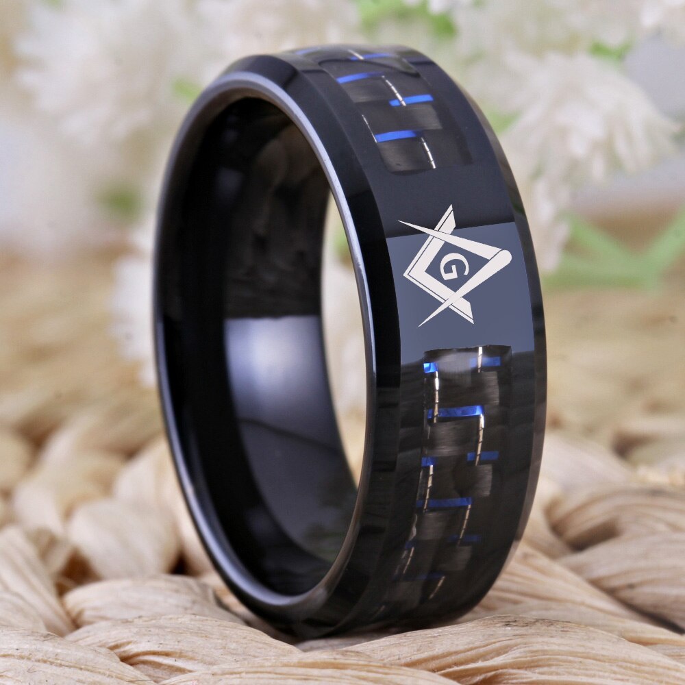 8mm Carbon Fiber with Masonic Symbol Black-Plated Tungsten Fashion Wedding Ring-Rings-Innovato Design-6-Innovato Design