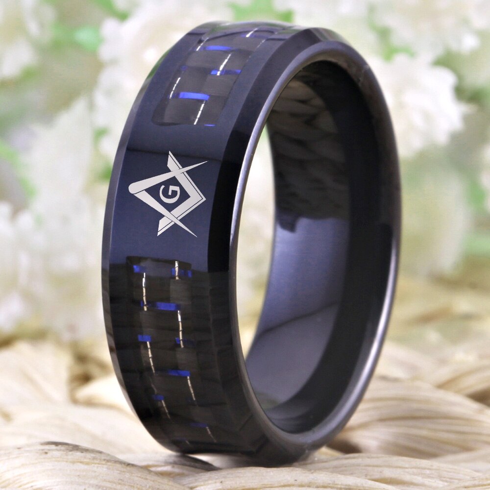 8mm Carbon Fiber with Masonic Symbol Black-Plated Tungsten Fashion Wedding Ring-Rings-Innovato Design-6-Innovato Design