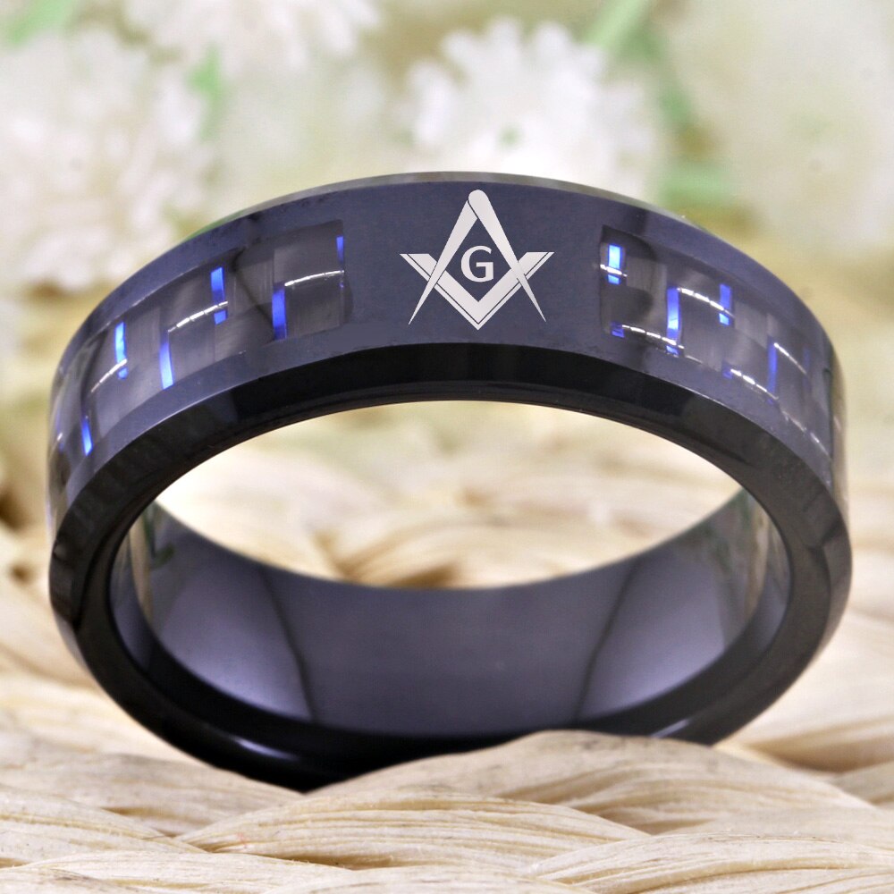 8mm Carbon Fiber with Masonic Symbol Black-Plated Tungsten Fashion Wedding Ring-Rings-Innovato Design-6-Innovato Design