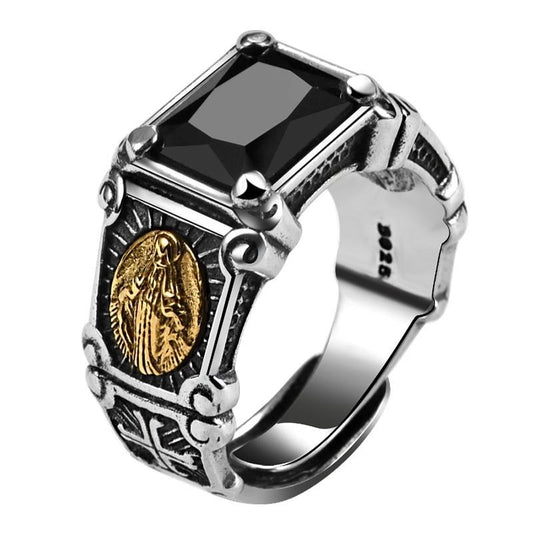 Virgin Mary Black Stone Onyx 925 Sterling Silver Vintage Ring