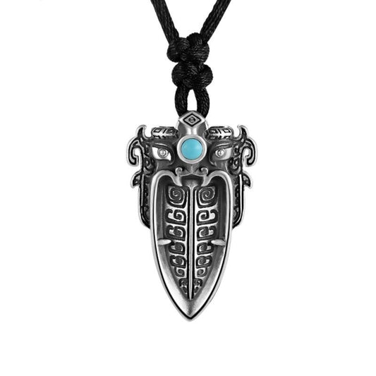 Chinese Mythical Animal Taotie with Artificial Turquoise Stone Inlay 925 Sterling Silver Biker Pendant Necklace-Gothic Necklaces-Innovato Design-Innovato Design