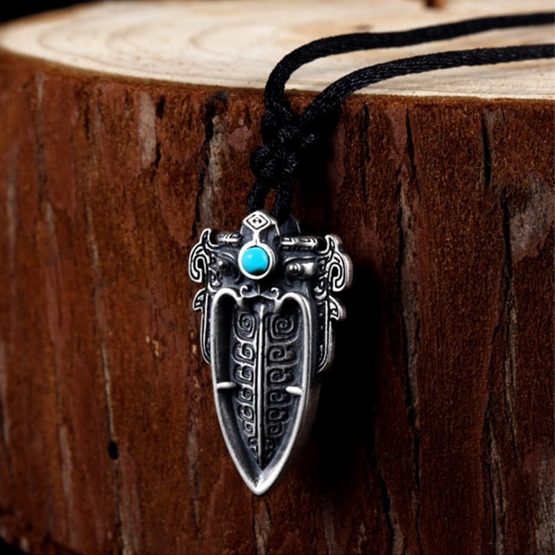 Chinese Mythical Animal Taotie with Artificial Turquoise Stone Inlay 925 Sterling Silver Biker Pendant Necklace-Gothic Necklaces-Innovato Design-Innovato Design