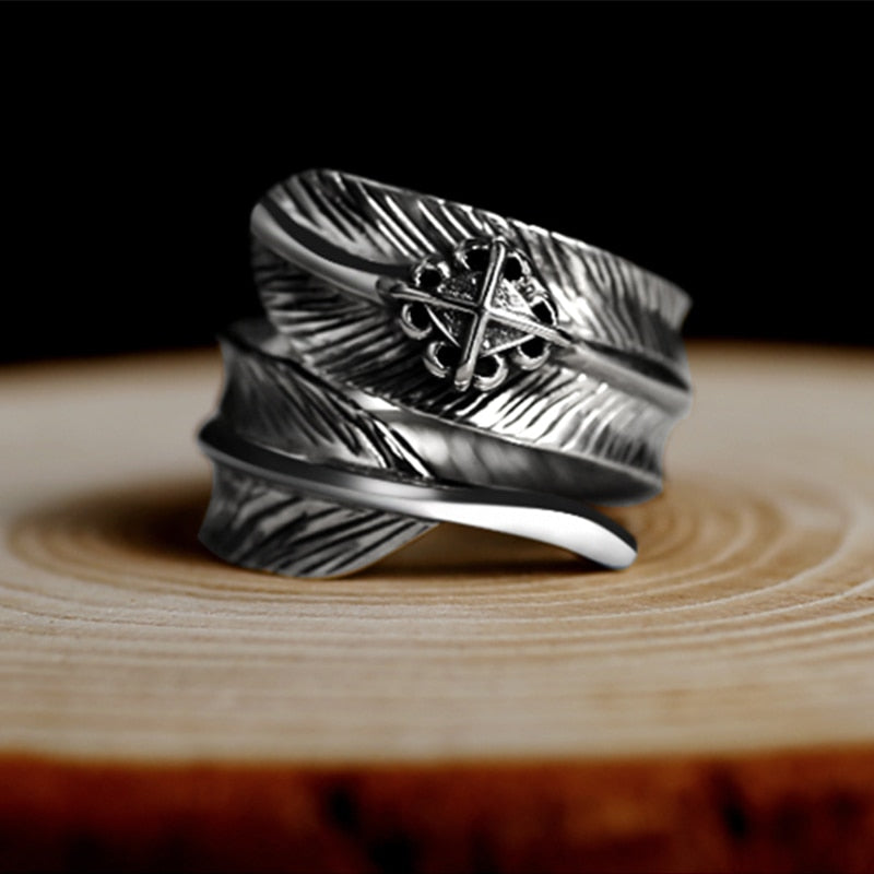 Feather and Cross 925 Sterling Silver Adjustable Vintage Punk Biker Ring-Rings-Innovato Design-Innovato Design